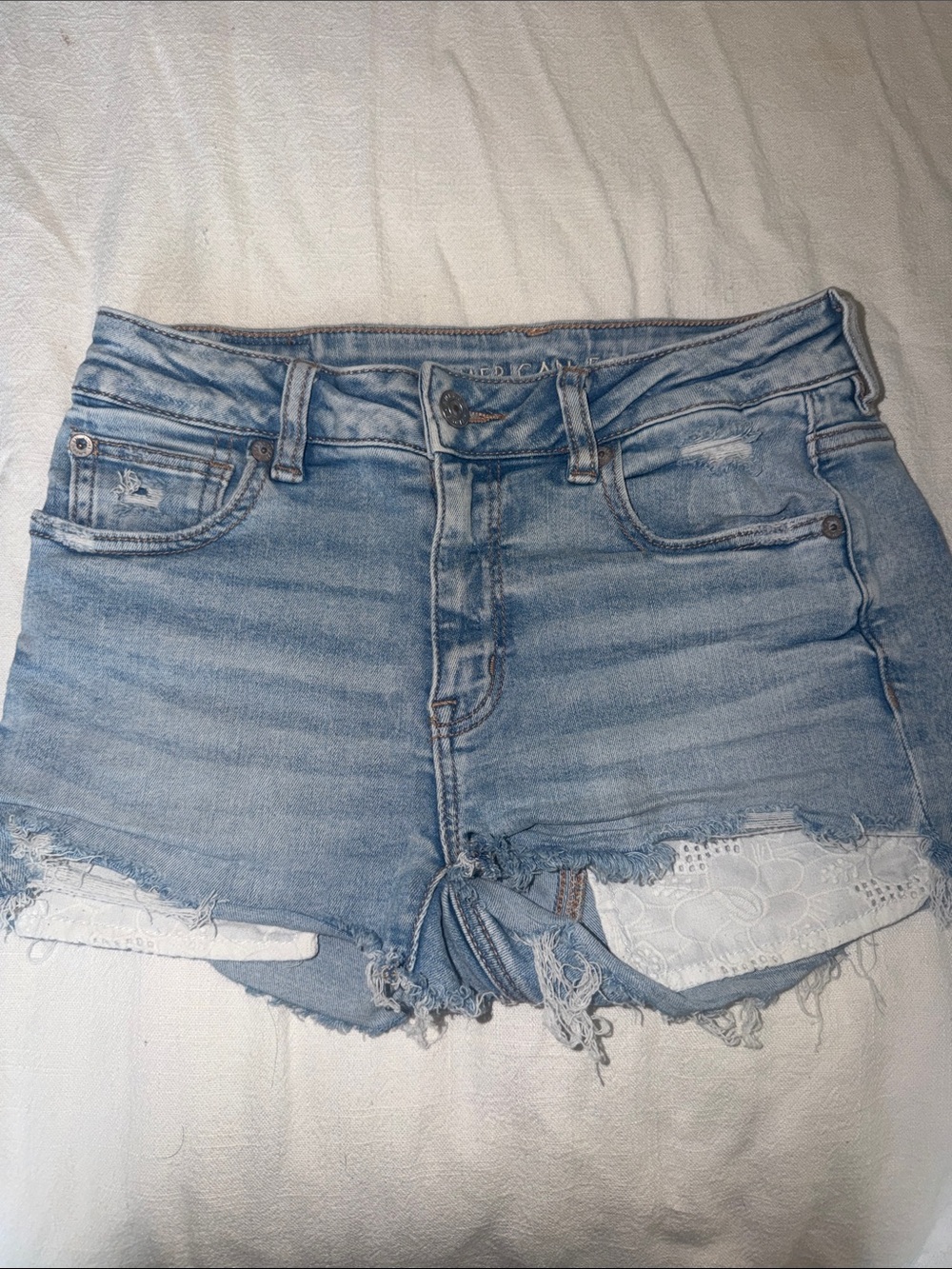 American Eagle Outfitters Light Blue Distressed Denim Shorts with Lace Inset